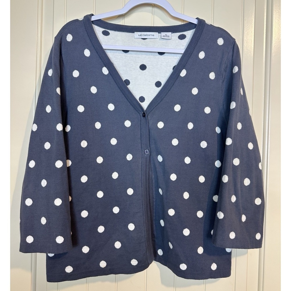 Liz Claiborne Cardigan Women's‎ XL polka dot 2 button 3/4 sleeve sweater classic